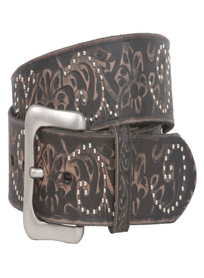 Beltiscool Snap On 1 1/2" Vintage Cowhide Leather Floral Embossed Studded Belt Size: 32 Color: Black - Image 1